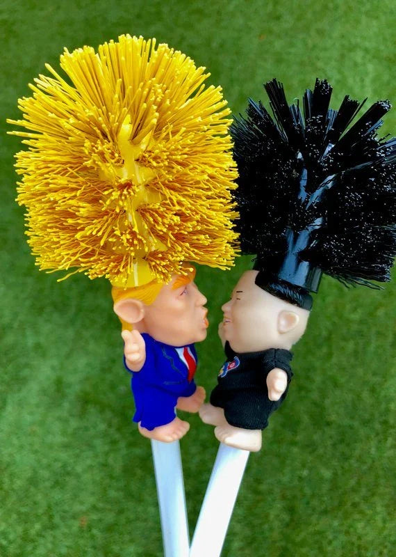 Hilarious Trump-themed toilet brush with bright yellow color and distinctive design