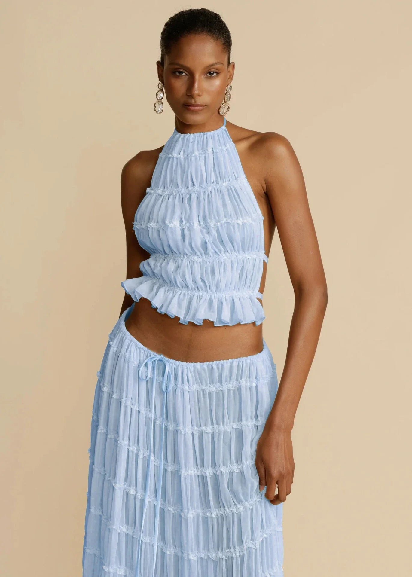 Chic sleeveless backless cropped halter top and pleated maxi dress set in various colors