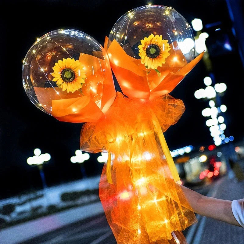 A luminous bouquet of glowing rose-shaped balloons, creating a magical and enchanting display.