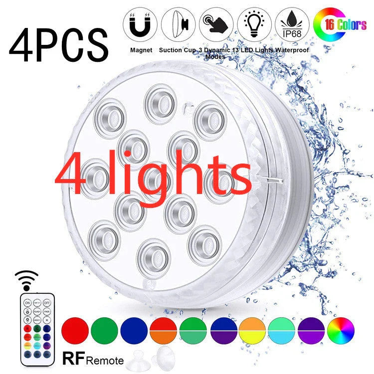Wireless submersible LED lights with remote control, perfect for pools, spas, and outdoor decor