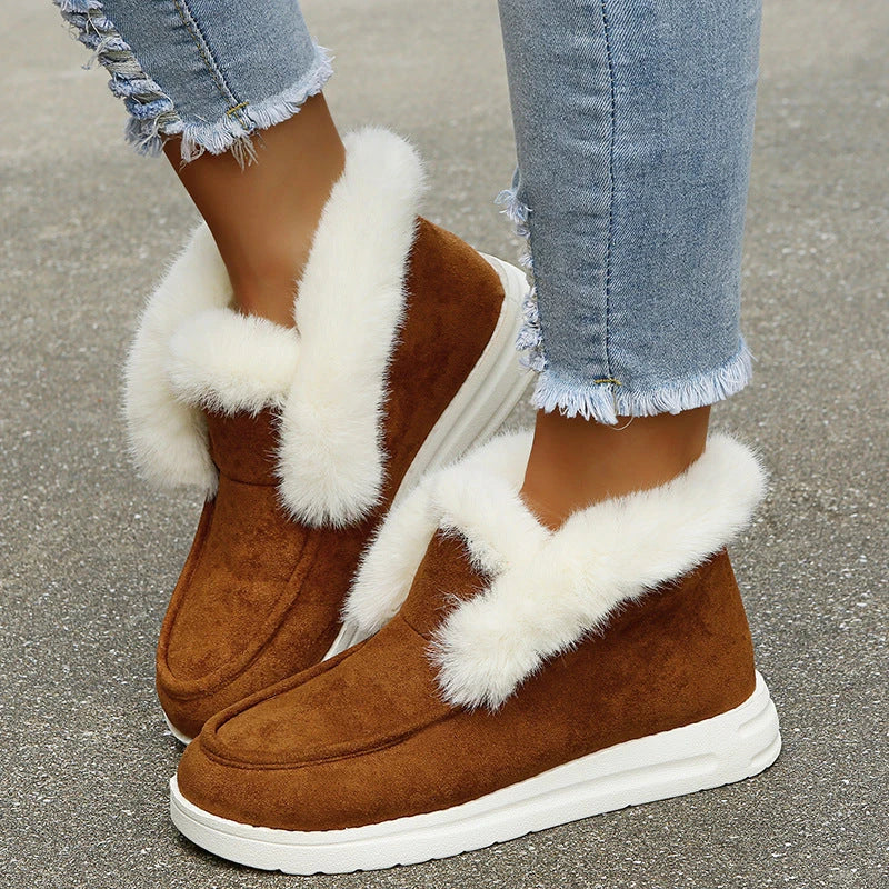 Warm plush ankle boots with suede uppers and artificial fur lining, available in black, grey, and brown colors.