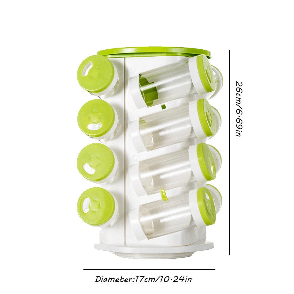 Premium rotating spice rack with 16 individual compartments for storing various spices, herbs, and seasonings