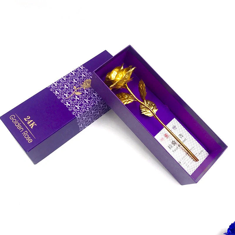 A luxurious 24K gold-plated rose flower bouquet set with a gift box and tote bag