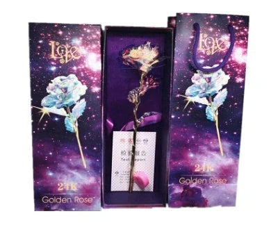 A luxurious 24K gold-plated rose flower bouquet set with a gift box and tote bag