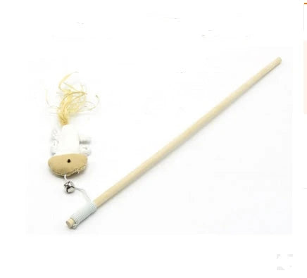 A handcrafted cat toy made from solid wood and natural materials, featuring a feather-on-a-stick design to captivate and engage your feline friend.