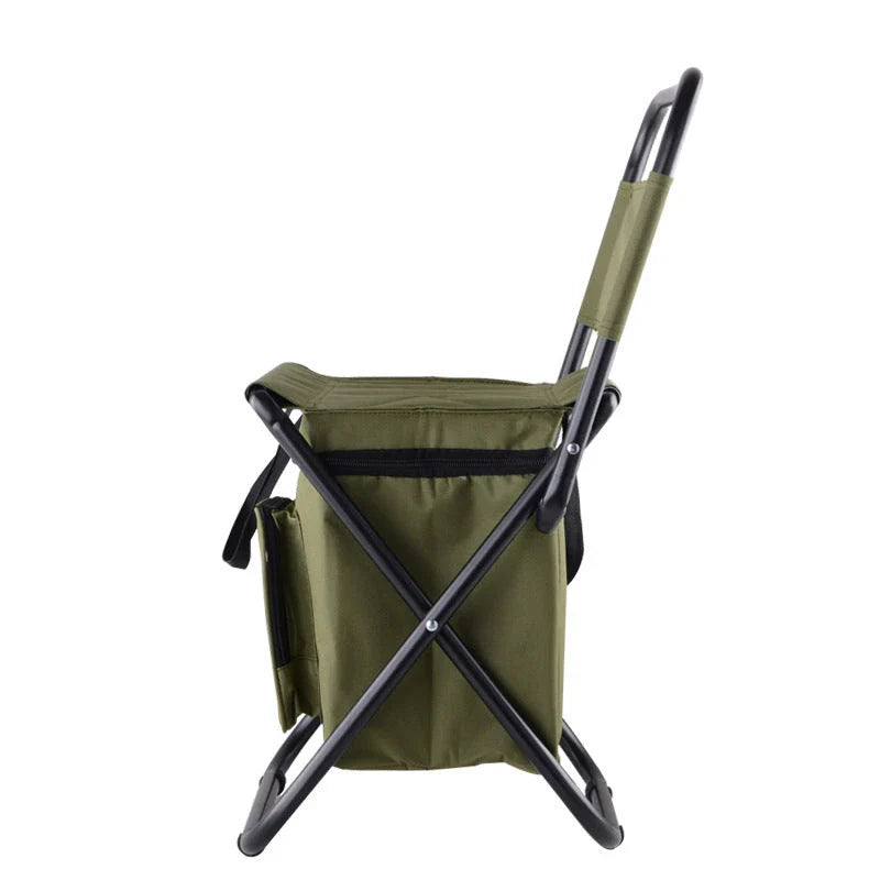 Portable foldable fishing chair with built-in refrigerator for keeping drinks and snacks chilled during outdoor activities