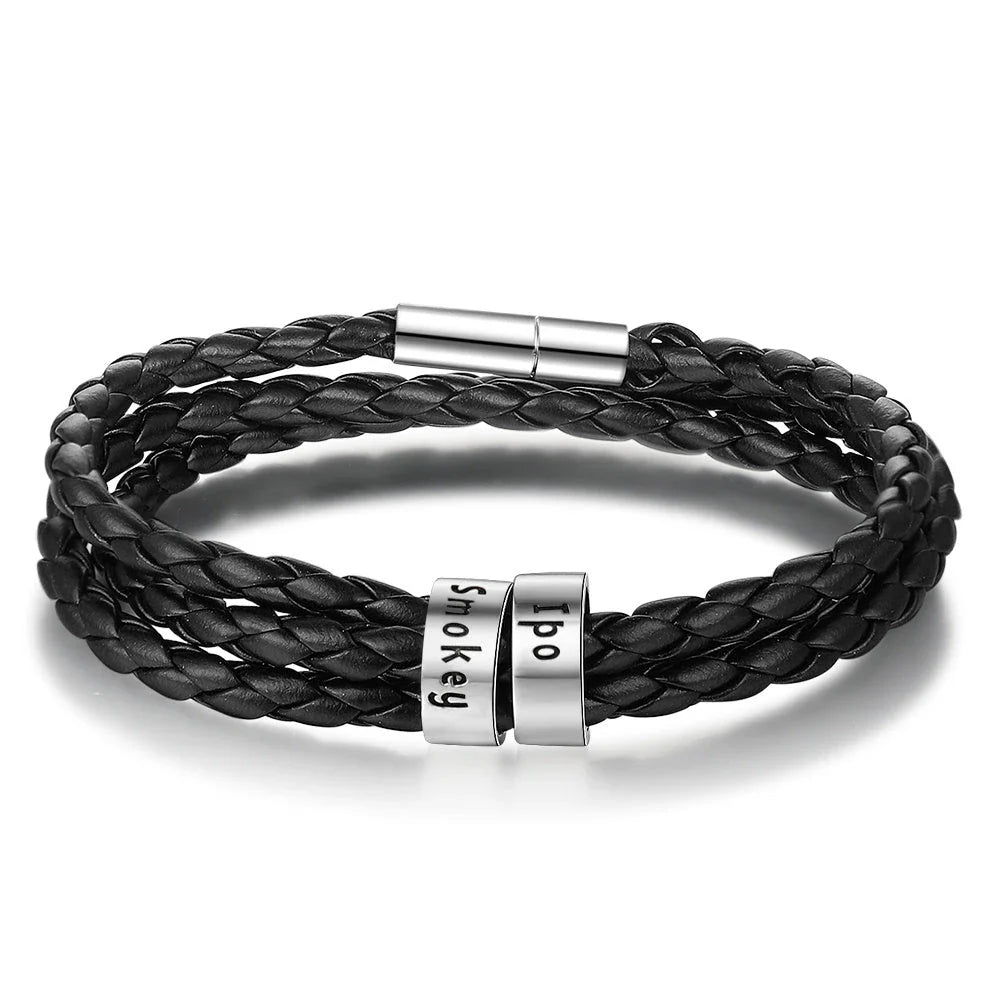 Personalized Leather Bracelet with Engraved Name Charm in Black and Brown Colors