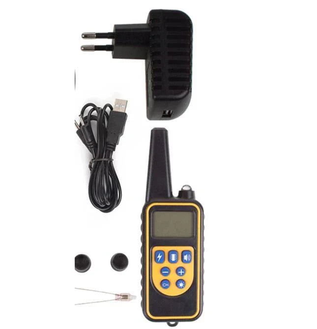 Remote-controlled anti-bark dog training collar with adjustable settings and 800-yard range