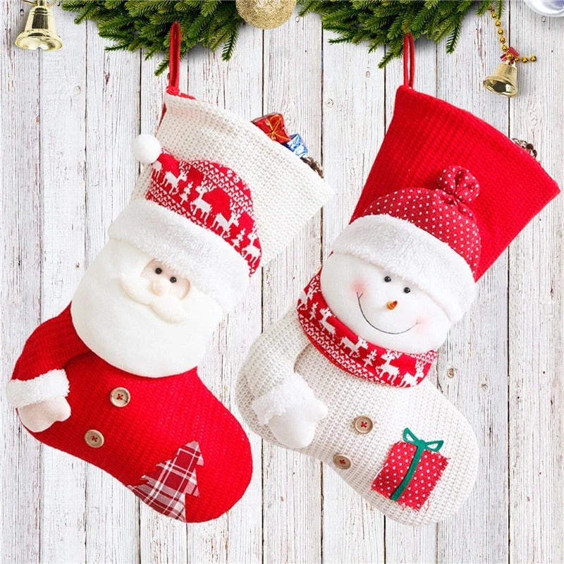 Cozy knit Christmas stocking with classic Santa Claus or whimsical snowman design for festive fireplace and tree decor