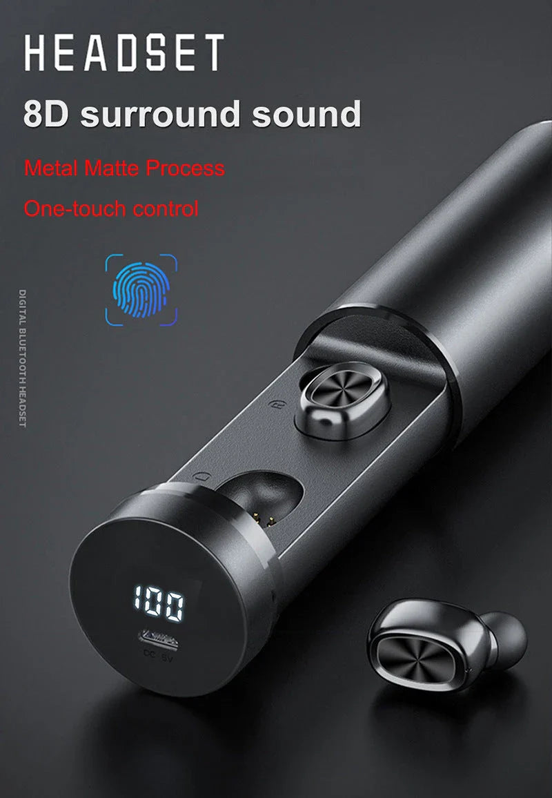 Wireless Bluetooth 5.0 earbuds with 8D HIFI surround sound, ergonomic design, and sweat-resistant construction for music, gaming, and active lifestyles.