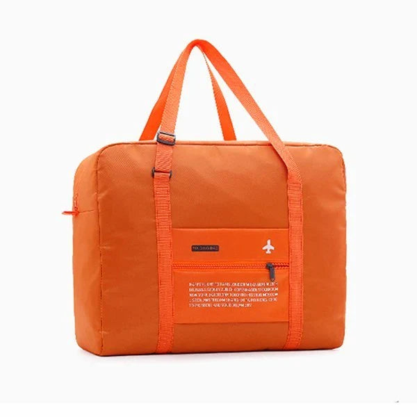 Foldable nylon travel holdall in various colours, including black, orange, green, and red