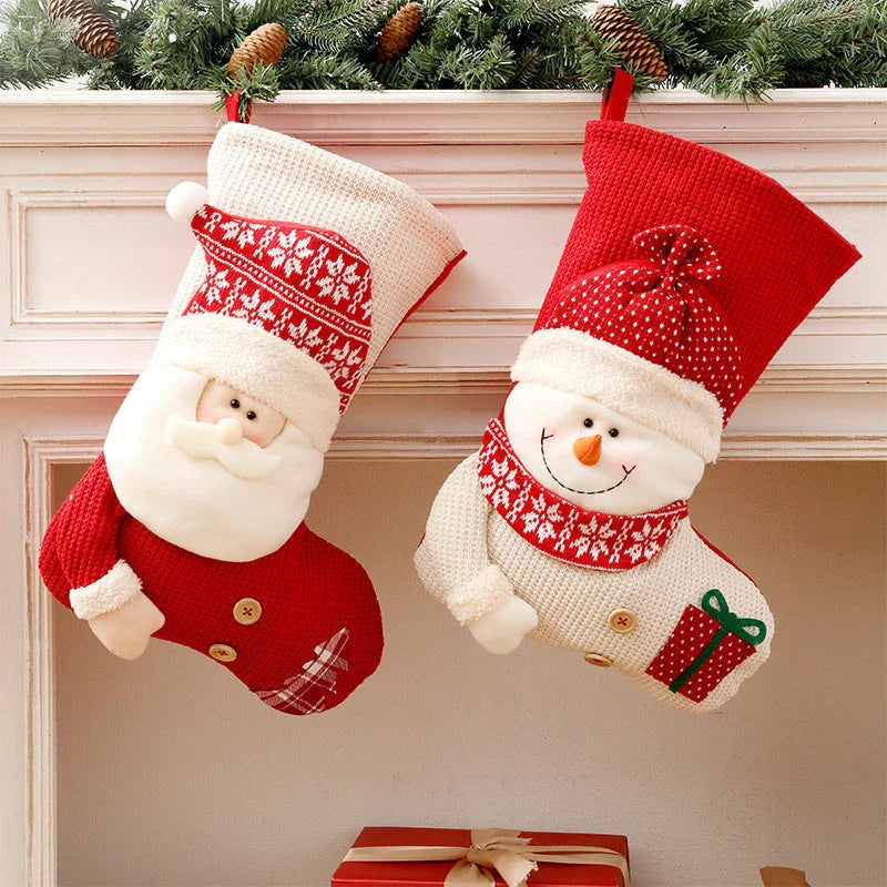 Cozy knit Christmas stocking with classic Santa Claus or whimsical snowman design for festive fireplace and tree decor
