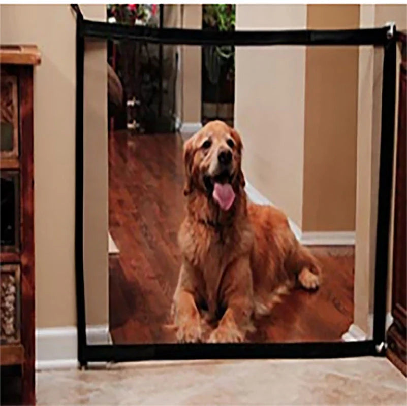 Versatile foldable pet safety barrier made of durable mesh fabric and stainless steel for use in doorways, walls, and stairs