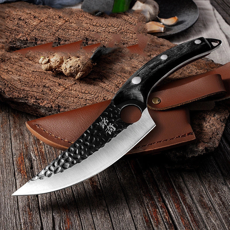 Forged stainless steel boning knife with ergonomic handle and leather sheath