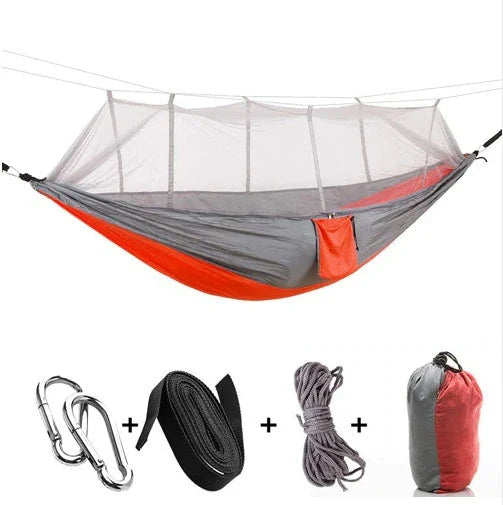 Versatile parachute hammock with mosquito net for outdoor camping and relaxation