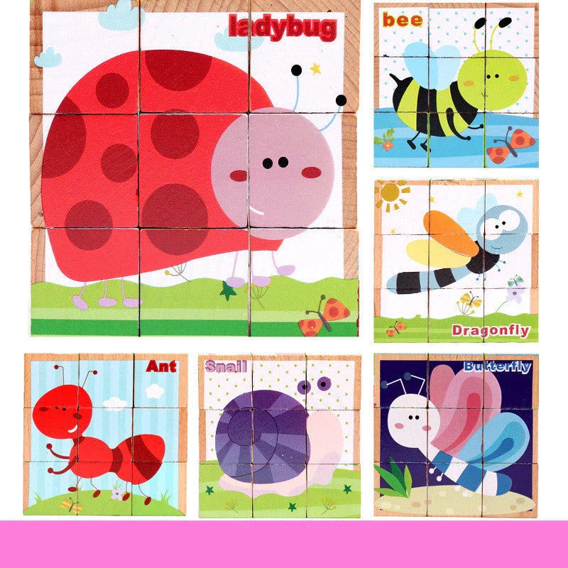 Colourful wooden 3D jigsaw puzzle with various patterns including fruit, insects, traffic, and animals