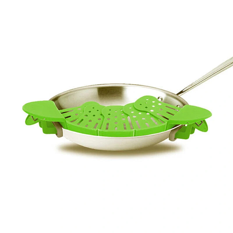 Universal Silicone Clip-on Pan Pot Strainer in purple and green, showcasing its compact design and clip mechanism