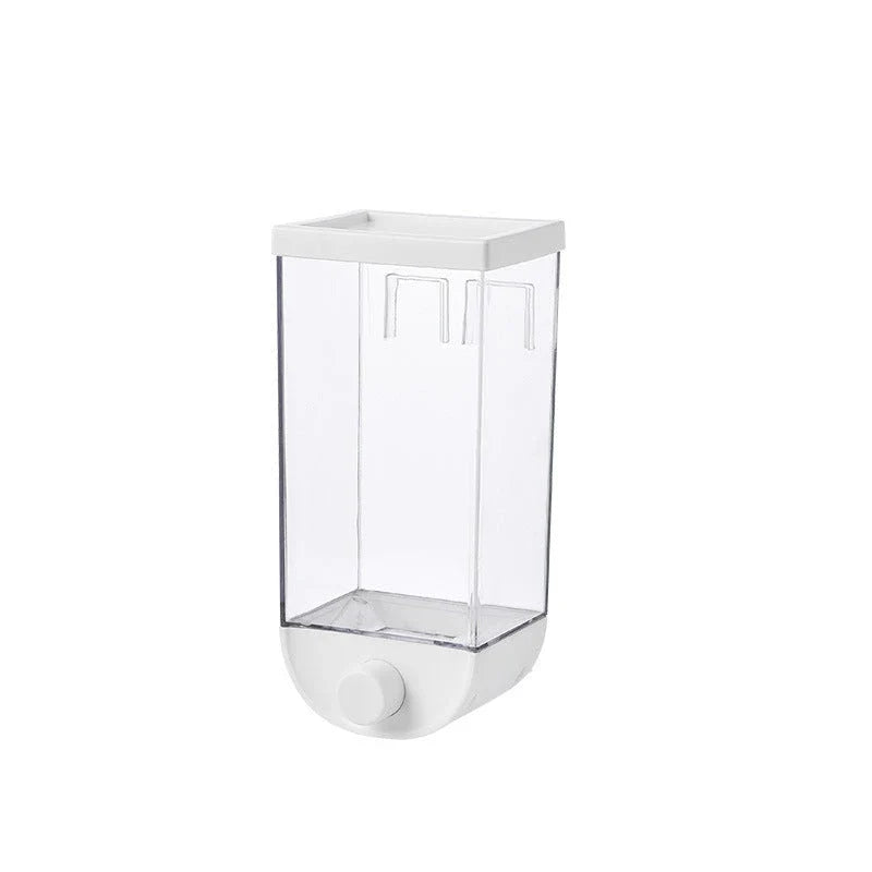 Convenient kitchen food storage container with transparent design, wall-mounted for space-saving storage of cereals, snacks, and other dry goods