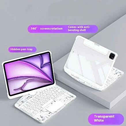 360-degree rotating keyboard case with transparent backplate and built-in Apple Pencil holder for iPad