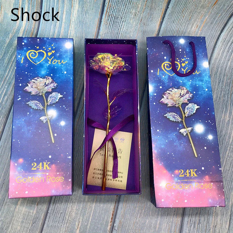 A luxurious 24K gold-plated rose flower bouquet set with a gift box and tote bag