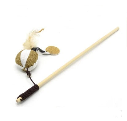 A handcrafted cat toy made from solid wood and natural materials, featuring a feather-on-a-stick design to captivate and engage your feline friend.