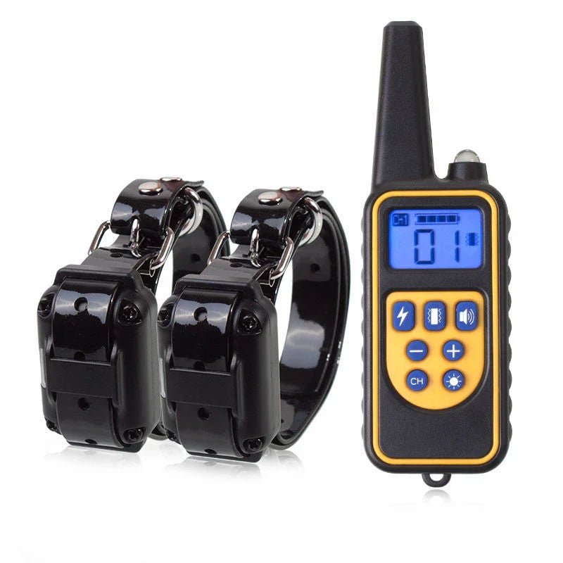 Remote-controlled anti-bark dog training collar with adjustable settings and 800-yard range
