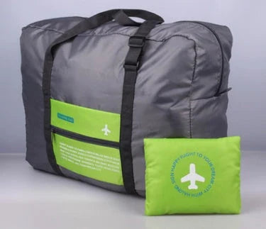 Foldable nylon travel holdall in various colours, including black, orange, green, and red