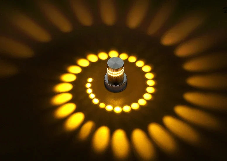 Colorful LED wall lights with a spiral design, featuring a wireless remote control for adjusting the vibrant color-changing display.