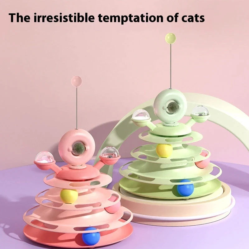 Interactive 4-level cat toy tower with turntable and roller balls in vibrant colours