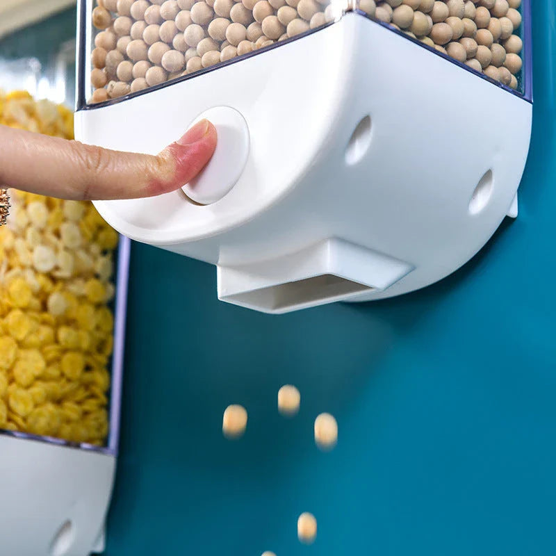 Convenient kitchen food storage container with transparent design, wall-mounted for space-saving storage of cereals, snacks, and other dry goods