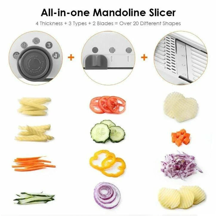The Versatile Vegetable Slicer with adjustable slicing, shredding, and waffle cutting capabilities for easy meal preparation