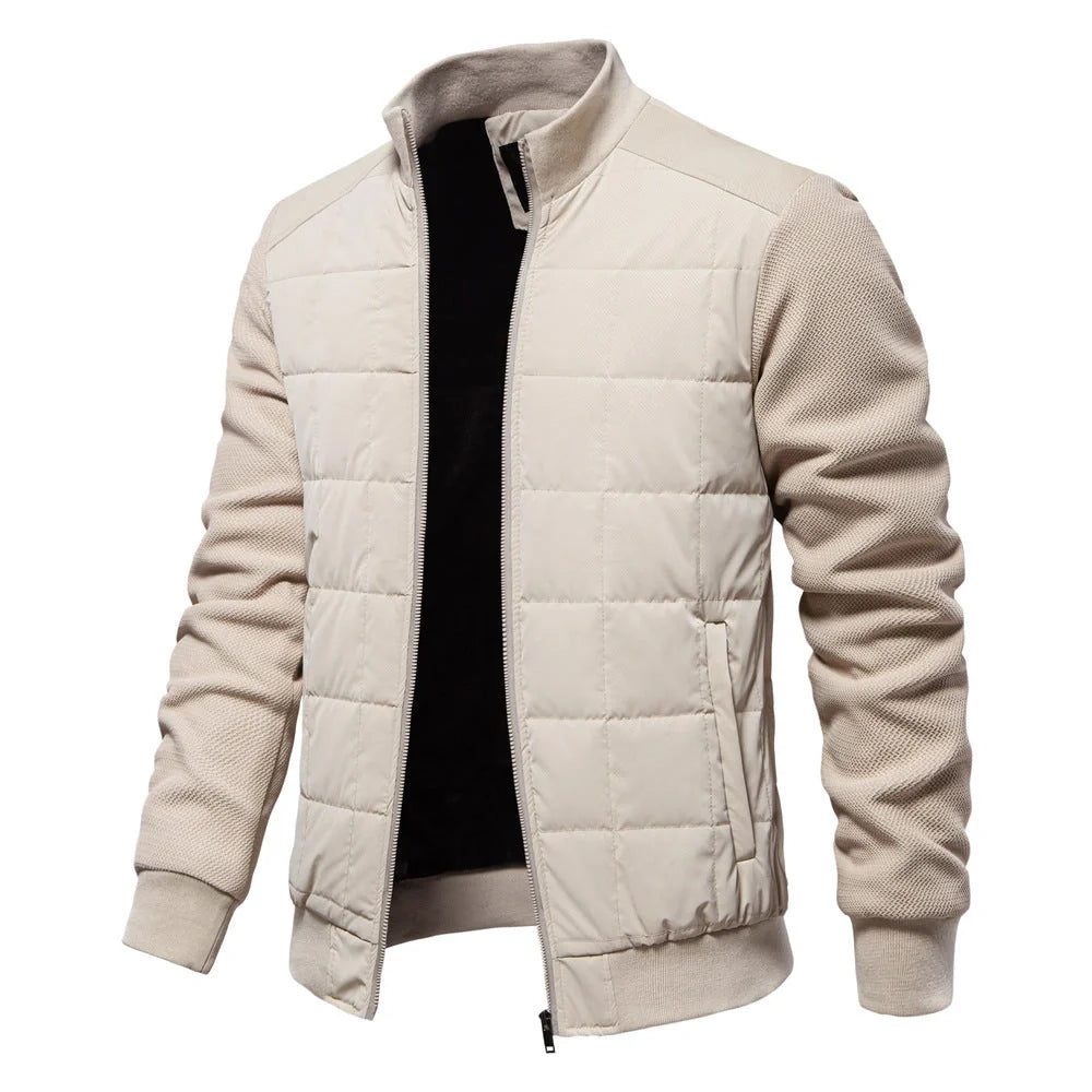 Stylish men's winter jacket with unique stitching design, stand collar, and variety of classic colours