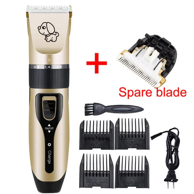 A precision dog hair trimmer with a quiet motor, featuring five speed settings, a titanium alloy fixed knife, and a long-lasting rechargeable battery for a stress-free grooming experience.