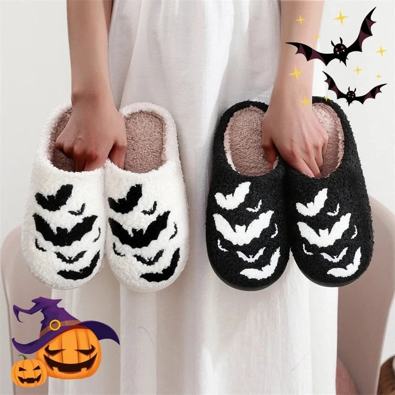 Cosy Bat Slippers for Halloween - Soft Plush Unisex House Shoes in black and white