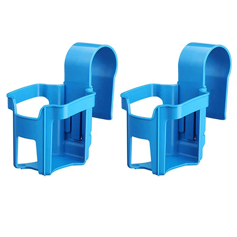 Poolside drink holder attached to the edge of a swimming pool, securely holding a variety of beverage containers.