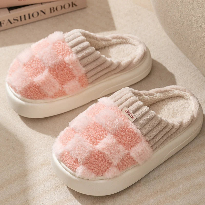 Plaid plush slippers for women with non-slip sole in various colours