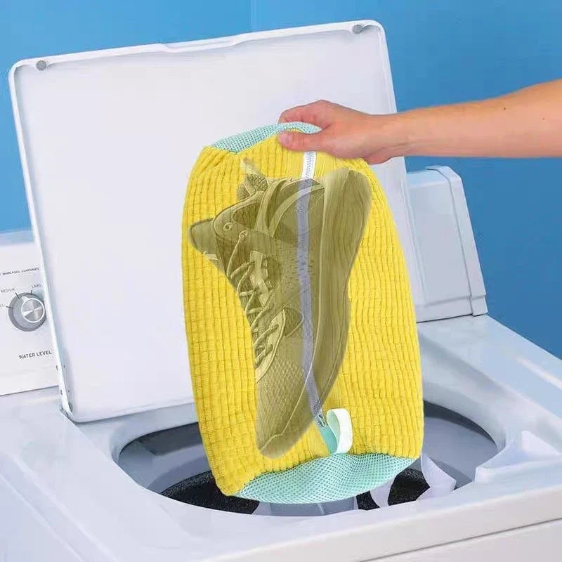 High-performance shoe cleaning bag made of durable chenille fabric for washing sneakers, tennis shoes, and more in the washing machine.