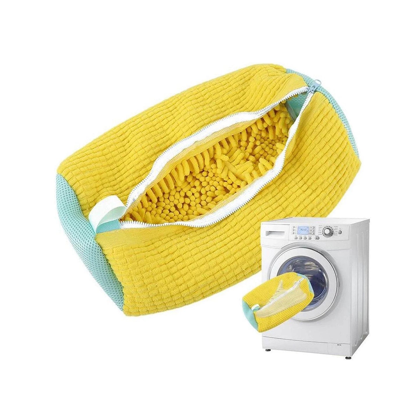 High-performance shoe cleaning bag made of durable chenille fabric for washing sneakers, tennis shoes, and more in the washing machine.
