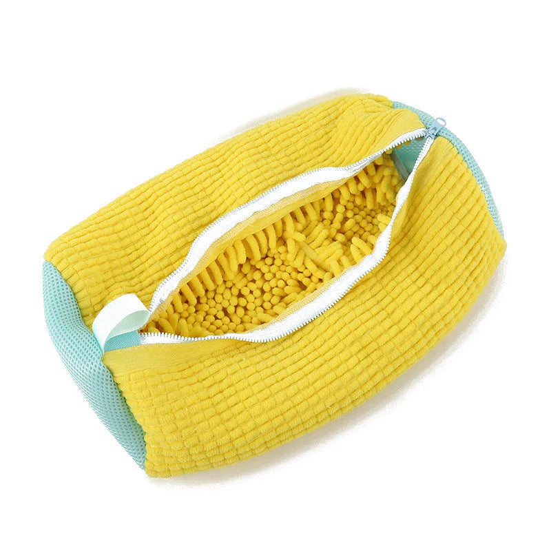 High-performance shoe cleaning bag made of durable chenille fabric for washing sneakers, tennis shoes, and more in the washing machine.