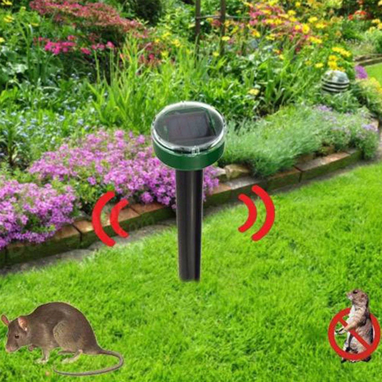 Solar-powered ultrasonic pest deterrent device for repelling moles, rats, snakes, and other burrowing pests from gardens and outdoor spaces