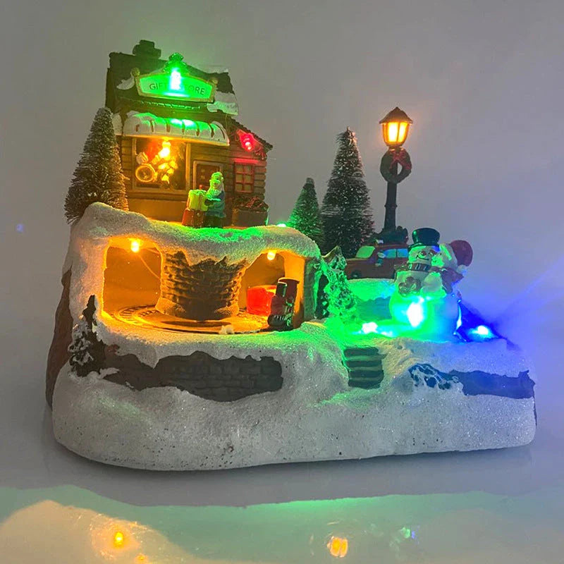 Glowing Christmas village decoration with rotating Snowman, Santa, and children, surrounded by colorful lights and playing festive music