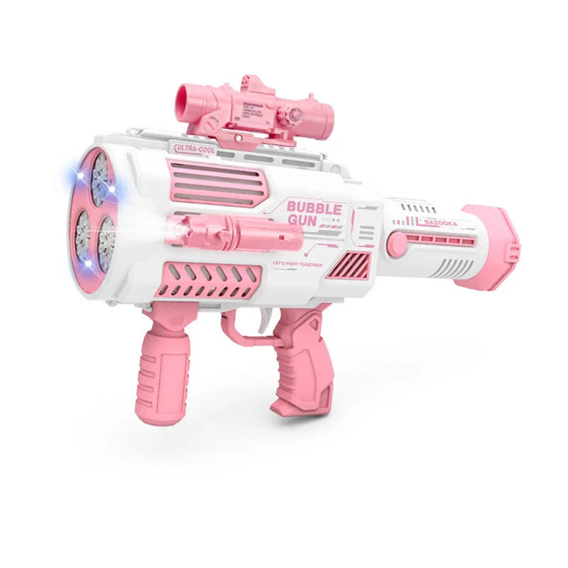 Automatic bubble blaster toy with rocket-shaped design, producing a cloud of colorful bubbles
