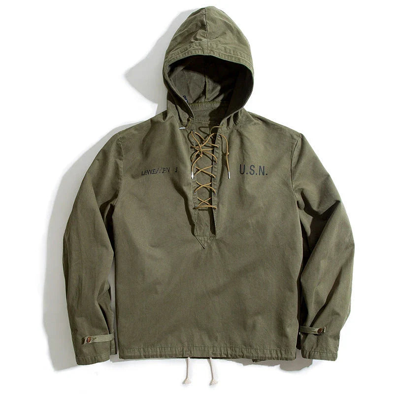 Rugged military-style windbreaker jacket for men, featuring a hooded design, cotton construction, and a classic, streamlined silhouette.