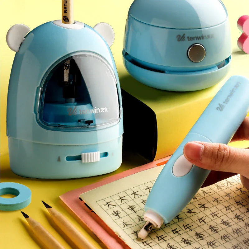 Multifunctional desk organiser set with electric pencil sharpener, eraser, and vacuum cleaner for efficient workspace organisation