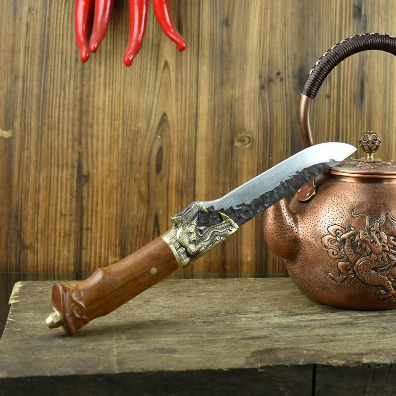 Hand-forged slicing knife with rosewood handle and pure copper guard