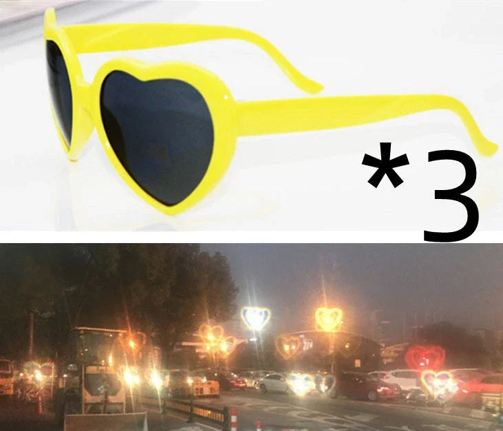 Stylish heart-shaped sunglasses with unique lens design that transforms light into enchanting special effects