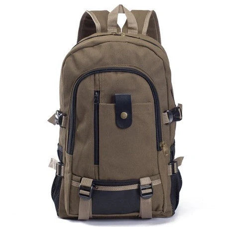 Men's canvas backpack with zippered opening, available in multiple colours including coffee, light khaki, and black.