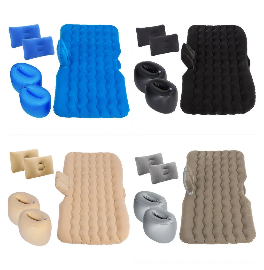 Inflatable car mattress with pillows in various colors, perfect for comfortable road trips and outdoor adventures