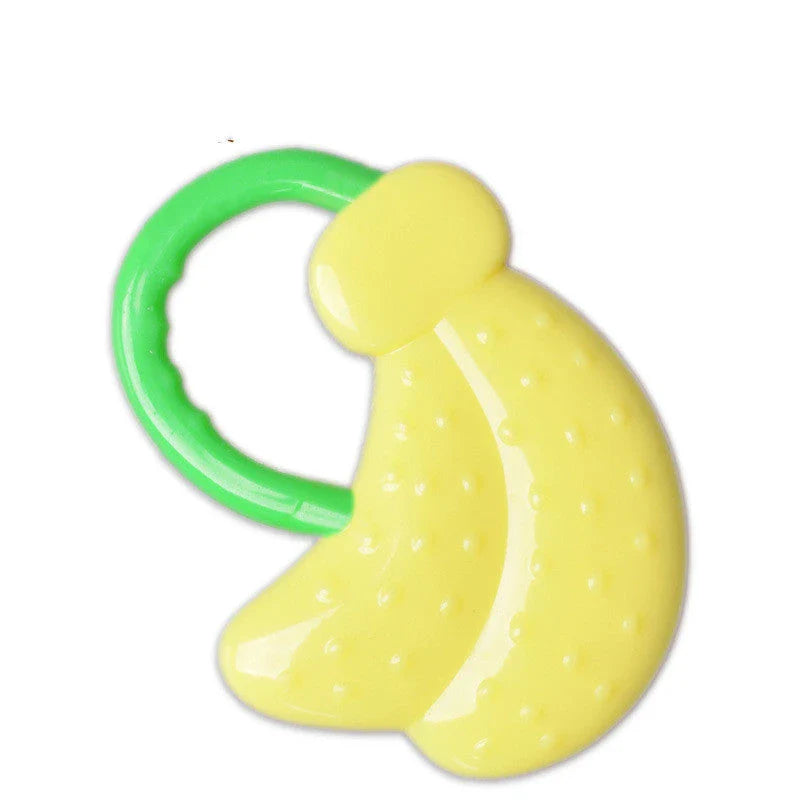 Soft silicone fruit-shaped teething toy for infants and toddlers to soothe sore gums during the teething process