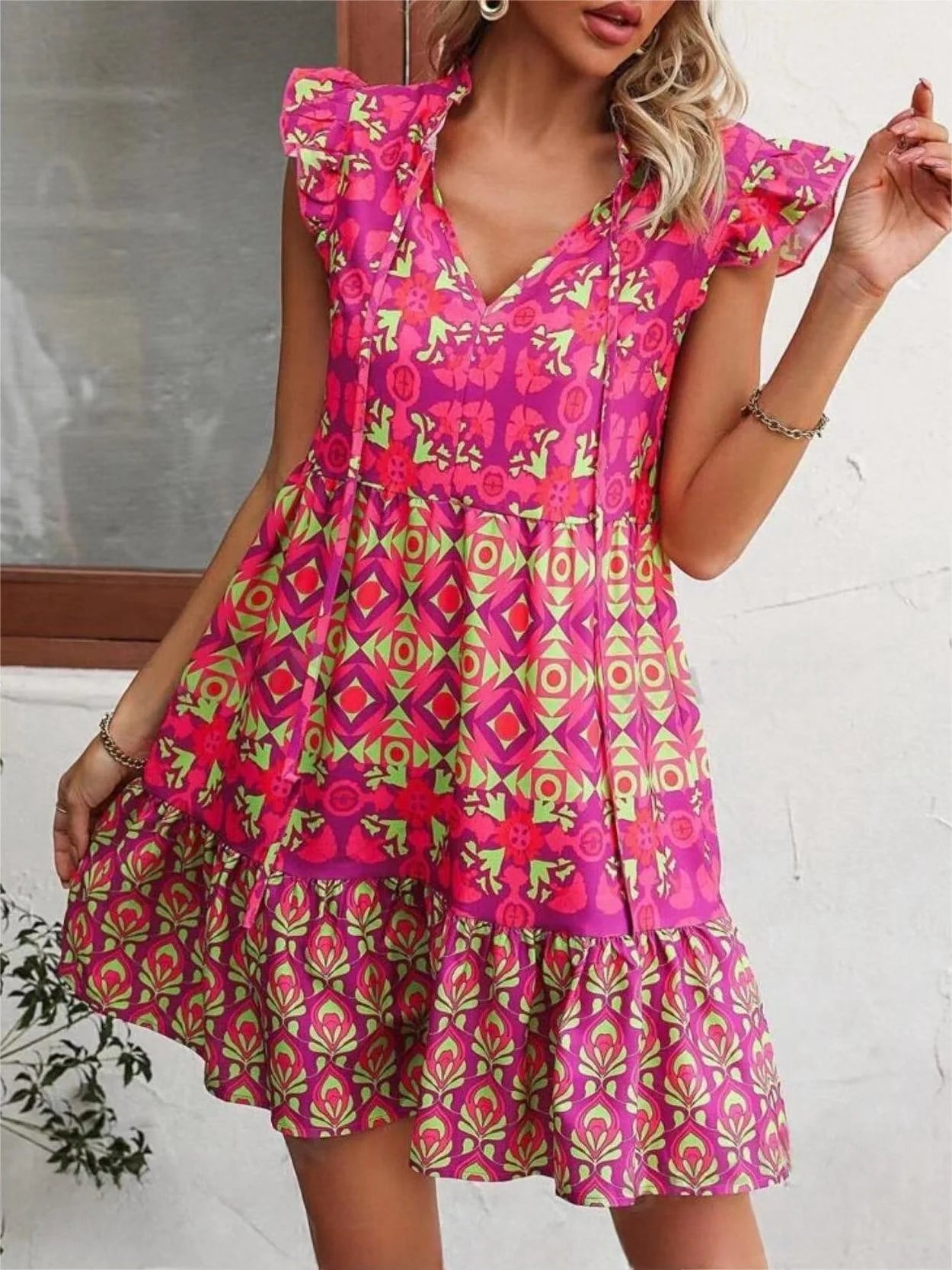 Stylish sleeveless dress with v-neck, lace-up detailing, and vibrant digital printing for a chic summer look